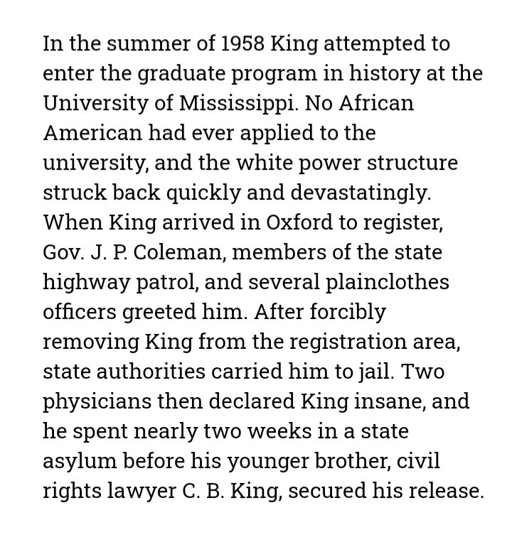 RedWhinee's tweet image. Did you know that in 1958 a black man named Clennon King applied to the University of Mississippi and was admitted to an asylum. The judge ruled that only insanity could make a black man think he could apply to the university.

1958 was only 62 years ago....