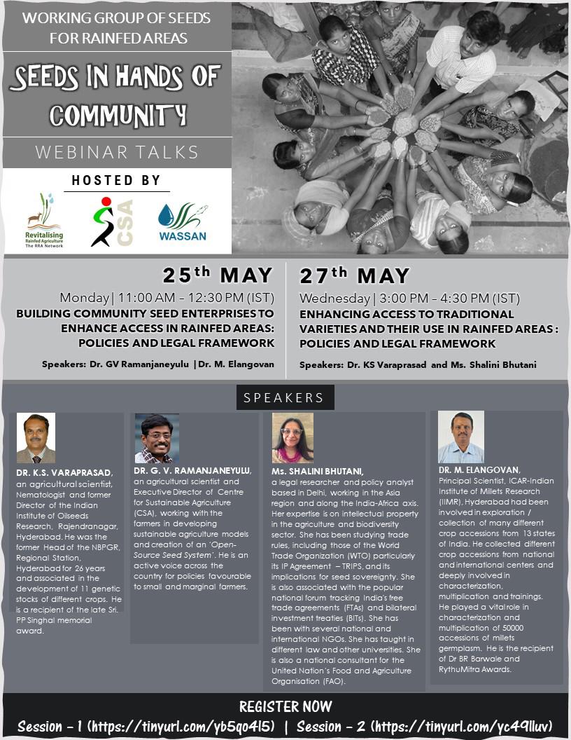 network_rra's tweet photo. Seeds in hands of community webinar series hosted by @network_rra @WASSAN_Hyd and CSA
Register here :
25th Session - https://t.co/iCndmufNbV
27th Session - https://t.co/6PGtYZTYRL
:
#seed #communityseed
#seedbank #webinar #rainfed https://t.co/EhKwTjUiqJ