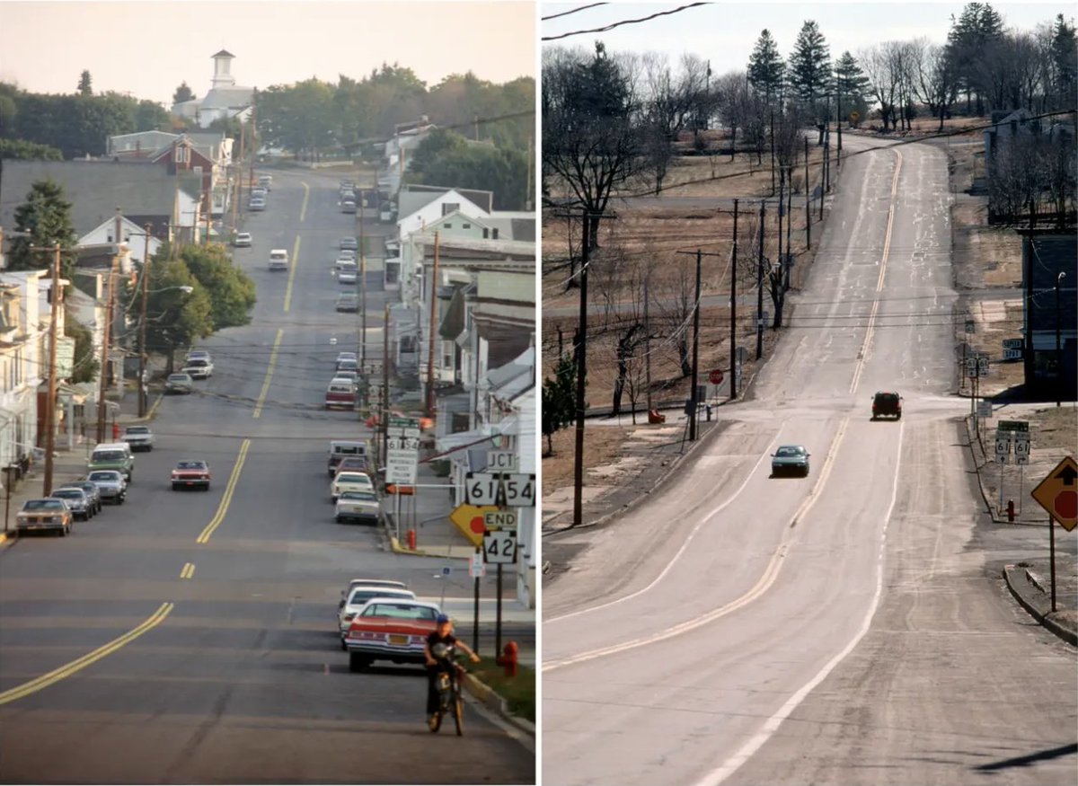 Une théorie fumeuse (lol) mais qui fait que le dossier piétine. En attendant, la ville sombre. En 1993, la route 61 qui mène à la ville est fermée car des crevasses la rende impraticable. En 1995 la poste ferme et en 2003, Centralia perd son code postal.