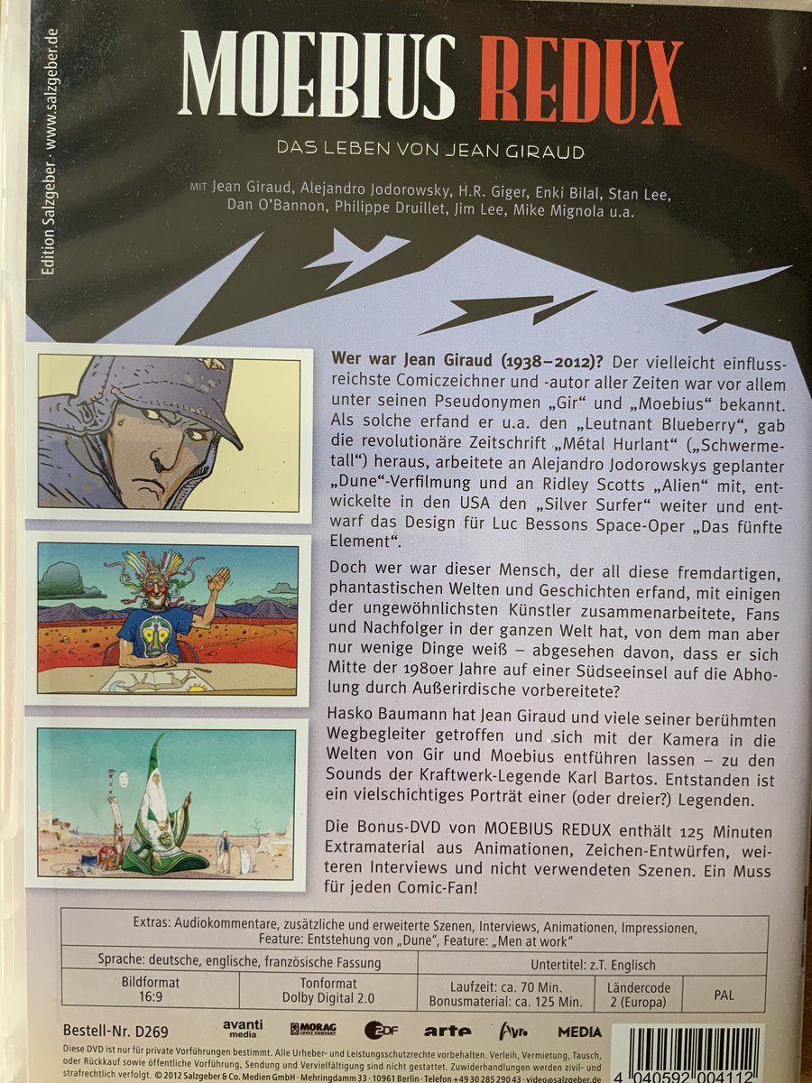 “Moebius Redux” 2007. German TV produced in-depth look at the life and work of Moebius. This two disc set features a ton of extra material and interviews with Moebius and Dan O’Bannon.You can the main documentary film on YouTube but it is a hugely cut down version.