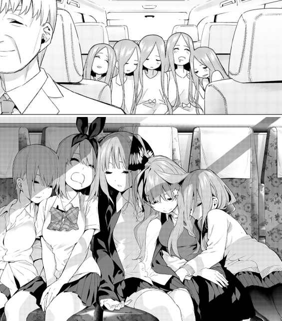 きずな すごい今更ですが 49話と86話で寝てる五つ子ってこんなにシンクロしてたんですね 一花二乃三玖は同位置として 四葉と五月は場所が入れ替わっているのか 子供っぽかった五月が大人っぽくなって 大人っぽかった四葉が子供っぽくなったから 入れ替わった