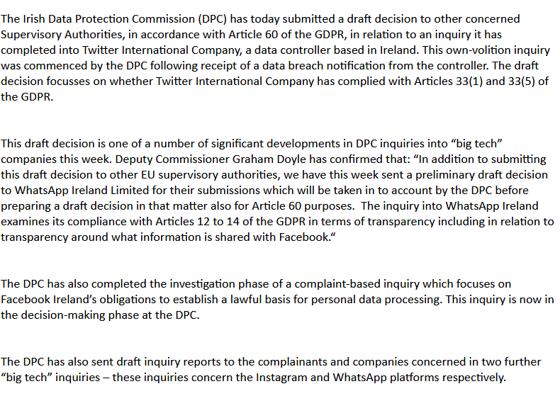 After two years of investigation, the Irish data protection authority has readied two draft decisions on Big Tech cases, it tells  http://netzpolitik.org , investigating Twitter data breach and WhatsApp/Facebook data sharing. Now it well send this to discuss in  @EU_EDPB. Release: