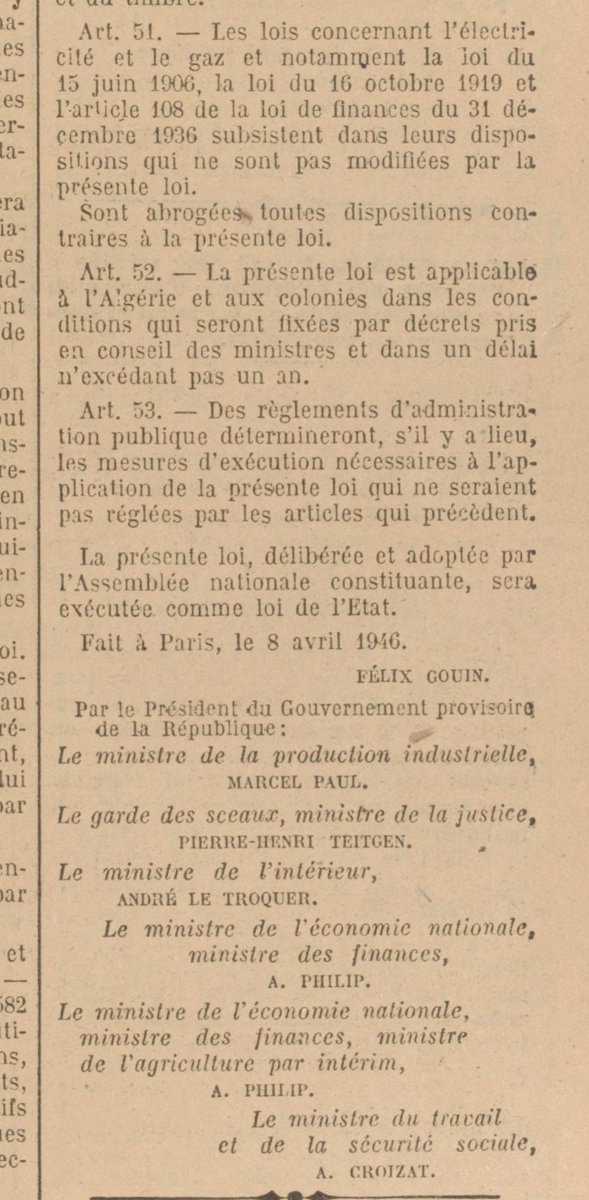 L'article 52 de la loi de 1946 prévoyait en effet que la nationalisation est "applicable à l'Algérie et aux colonies dans les conditions qui seront fixées par décrets pris en Conseil des Ministres et dans un délai n'excédant pas un an"3/17