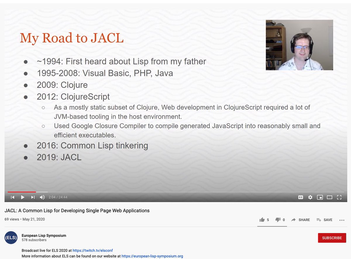 borkdude's tweet image. The great @alandipert of boot and hoplon fame, has made "JavaScript Assisted Common Lisp", a Common Lisp for building SPAs.
youtube.com/watch?v=HGuTqs…
Gonna watch that for sure.