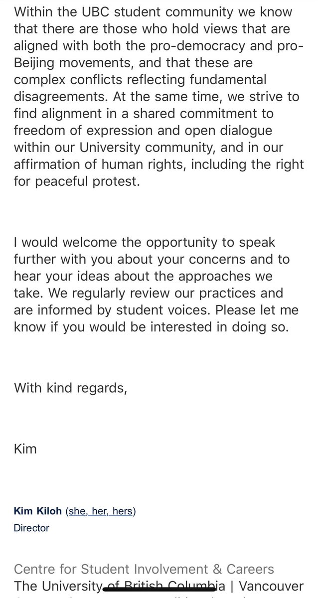 ubcehk's tweet photo. We received a response from the director of Centre for Students Involvement &amp; Careers — but @UBC still refuses to take down the #HKPF job post. Stop supporting #PoliceBrutality #HKPoliceTerrorists ! https://t.co/IcKwW0kaHe