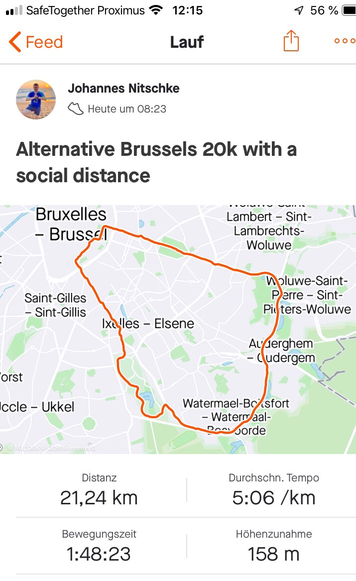 jonitschke's tweet photo. The #Brussels20K can’t take place due to #COVIDー19 so we did our own version keeping a safe distance. This is also my last contribution to @ThomasRabe inspiring challenge to #SupportStrassenkinderBerlin - I ran 125km for this great cause and will match this number for a donation https://t.co/pNpjtKKTxn