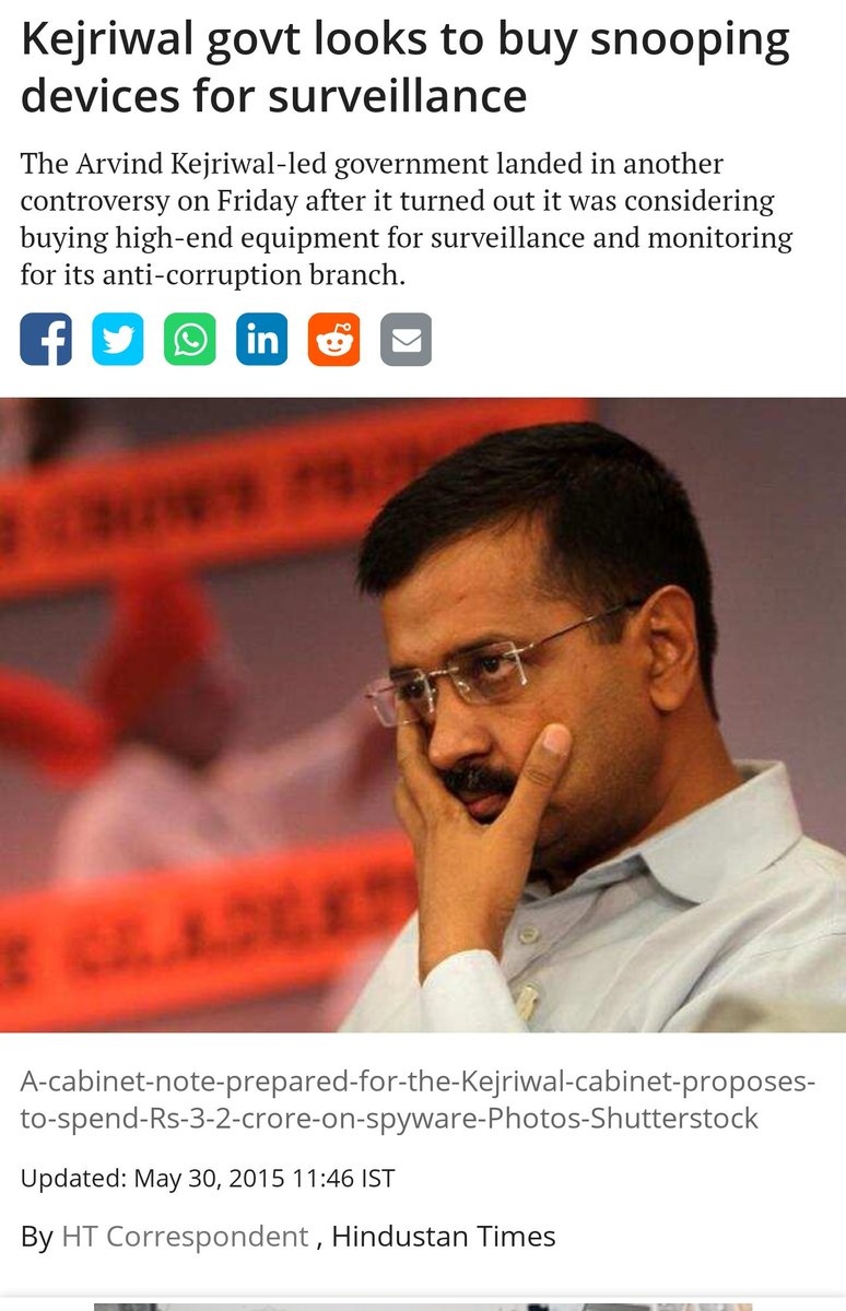 . @ArvindKejriwal and his love for China,May 2015, AAP government was setting up SPY unit so that he can keep everyone residing in Delhi under watch. What was the motive? https://m.hindustantimes.com/delhi/kejriwal-govt-looks-to-buy-snooping-devices-for-surveillance/story-MbKxnfFu4Dg3SAn7tH8f2I.htmlPlease follow the thread1/n