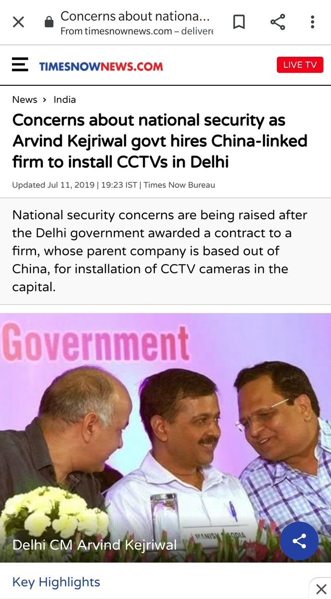 3/n11th July 2019, this is what Kejriwal was planning, Giving indirect monitoring access to china so that they can keep track of each move in Delhi, This is scary https://www.timesnownews.com/india/article/license-to-spy-arvind-kejriwal-puts-national-security-at-risk-hires-us-blacklisted-firm-to-install-cctvs/452166