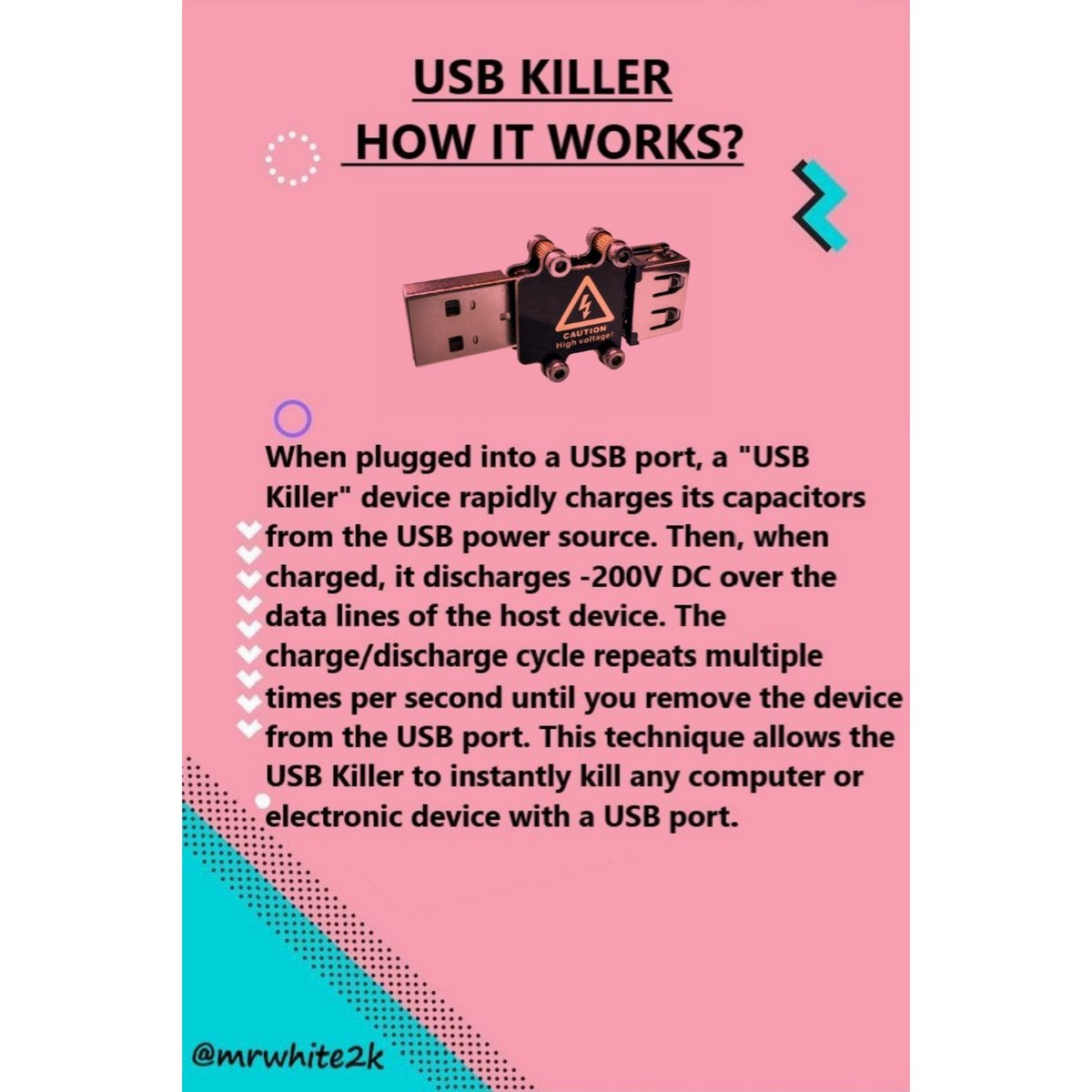 mrwhite2k's tweet photo. ❌USB KILLER ❌
#cybersecurity #hacking #security #technology #hacker #infosec #tech #ethicalhacking #malware #cyber #cybercrime #kalilinux #programming #hackers #linux #hack #cyberattack #pentesting #computerscience #ethicalhacker #python  #informationtechnology #usbkill https://t.co/vKgCIhuuFc