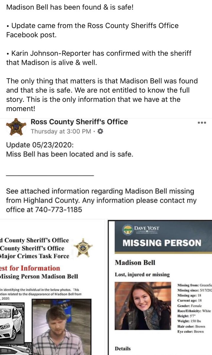 MADISON BELL HAS BEEN LOCATED & IS ALIVE & WELL