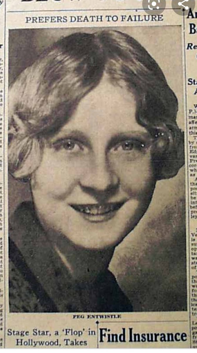 Peg Entwistle, an aspiring actress was distraught when her part in the film Thirteen Women was cut.She climbed to the top of the letter H  on 16 Sept 1932 & threw herself to her deathShe was 24Newspaper articles are cruel in their description #Hollywood  #PegEntwhistle