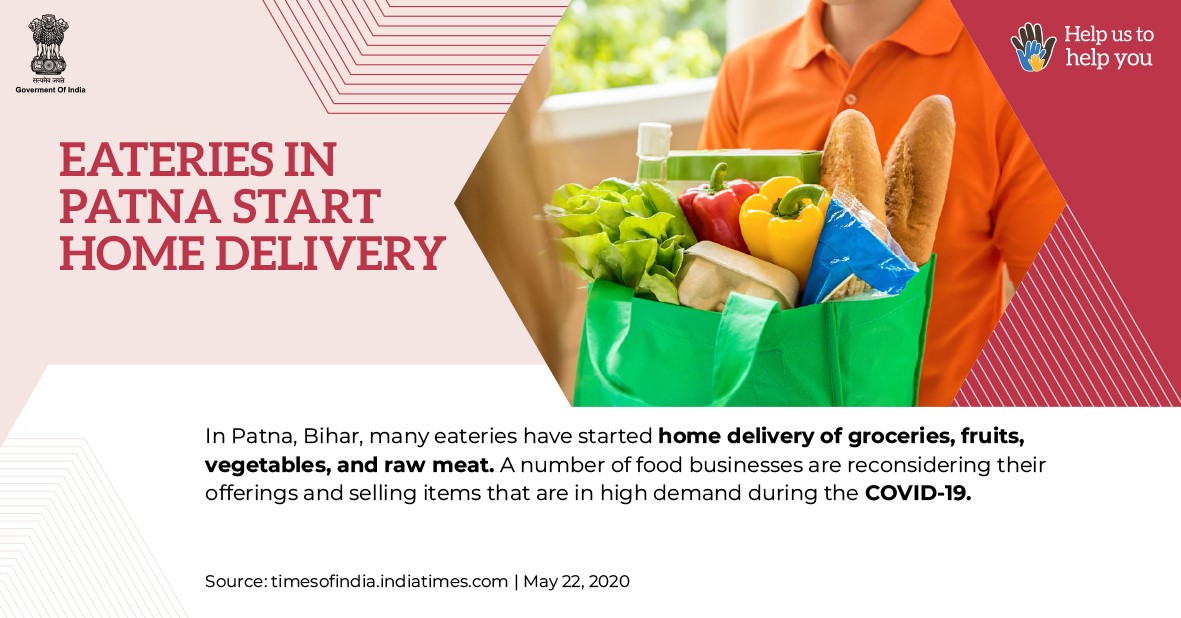 swachhbharat's tweet photo. Eateries in #Patna, #Bihar have started home delivery of groceries, fruits, vegetables, and raw meat during the lockdown. 

#IndiaFightsCorona #SupplyWarriors #SwachhBharat

@PMOIndia @COVIDNewsByMIB @MIB_India https://t.co/VnO7sl2ozU