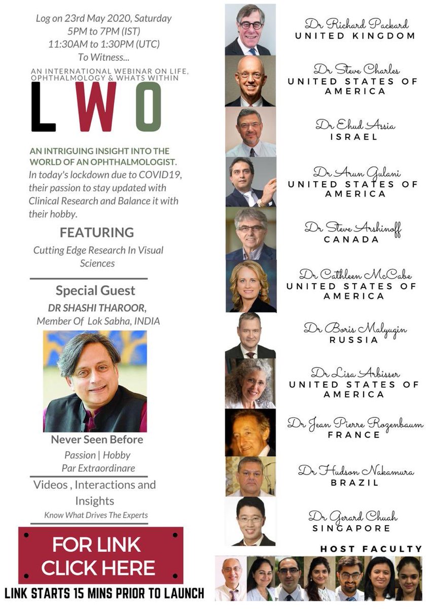 ShashiTharoor's tweet photo. My next webinar is in half an hour (at the request of my eye doctor!) An intriguing insight on the lives of expert ophthalmologists globally:
Today 23 May, 5pm to 7pm (I will exit by 5.25/5.30).
Link: https://t.co/83PQmywk7V 
Link is accessible 15 mins prior to launch of webinar https://t.co/iYSBr7lC1q
