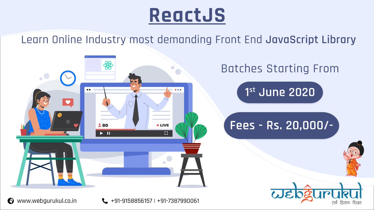WebgurukulEdu's tweet image. 💻 #React_JS Online Course
✅ Learn online industry most demanding front end #javascript Library by experts
New Online Batch From 👉 1st June 2020
Register Now: 🌎 webgurukul.co.in
call us: 7720087881 | 7387990061
#java #reactjs #onlinelearning #onlineclasses #technology