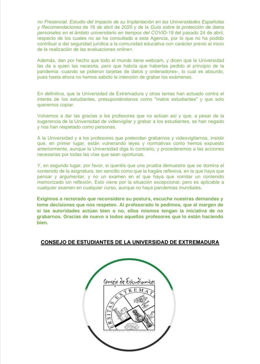 🔴 COMUNICADO OFICIAL CONTRA LA VIDEO VIGILANCIA EN LOS EXÁMENES 🔴

Existen diversas formas de realizar una prueba final sin videovigilancia!!

Actuar bajo el pretexto de "todos los y las estudiantes copian" no nos respeta!!

👇🏼👇🏼👇🏼👇🏼👇🏼👇🏼👇🏼