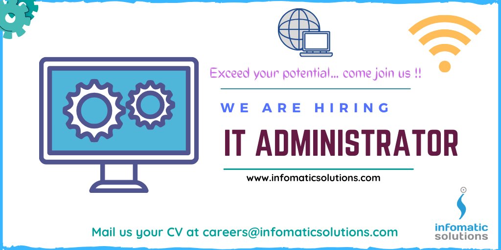 Infomatic_Sol's tweet photo. Exceed your Potential !! Come join us !!
We are #Hiring IT Administrator (US Shift)
Apply with your CV at careers@infomaticsolutions.com
Web --- https://t.co/V8CfgLqm0b
#wearehiring #infomatic #infomaticsolutions #nowhiring #apply #vacancy #openposition #applynow #itcareers https://t.co/T6FtbQd4fl