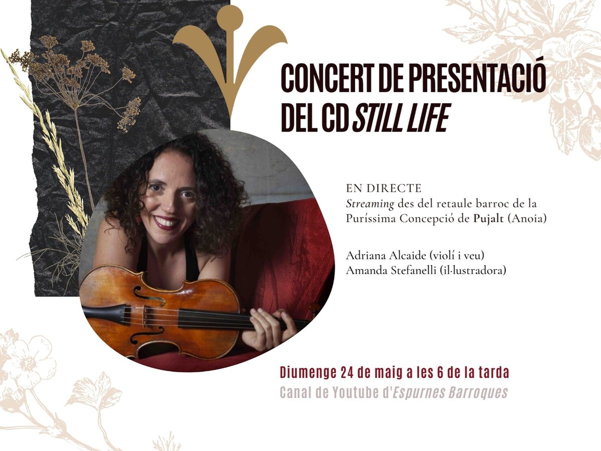 DIUMENGE 24 MAIG a les 6PM al Canal de Youtube d'Espurnes Barroques, streaming life. 

Retransmissió en directe del concert d'Adriana Alcaide amb el teló de fons del retaule Barroc de la Puríssima Concepció de Pujalt.

Recuperant les festes populars.

Salut i música!