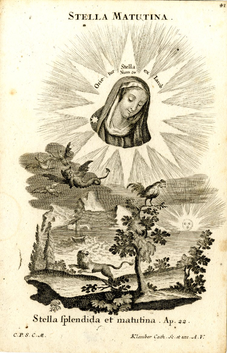 Stella matutina, ora pro nobis.Morning star, pray for us.The Latin inscription above Our Lady reads:Orietur stella ex Jacob"A Star shall rise out of Jacob" (Numbers 24:17)The lemma reads: Stella splendida et matutina"The bright and morning star"(Apocalyse 22:16)