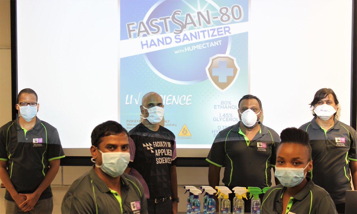 DutBiotechFood's tweet photo. PhotoSpeaks!
Meet the FASTSAN-80 Team 
Congratulations!!! 
#HandSanitizer #DUT #Biotechnology_DUT #DUTFAS #FASDUT #COVID19 #StaySafe #SanitizeYourHands https://t.co/4bneS7Qr8Y