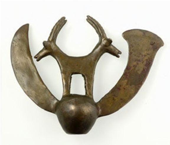 Now what is interesting is that these Ghassulian guys seem to have been obsessed with goats. Ibex goats...Here is another ceremonial axe, mace, staff (???) from the Nahal Mishmar hoard with two ibex goats...