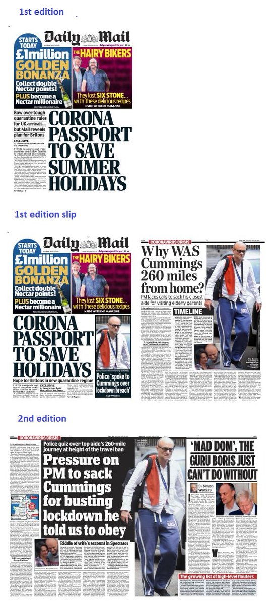  @dailymailuk did a quick slip to make room for Cummings pic on front and a page lead inside. Then changing up for a spread inside, but without expanding P1 presence.Why? Possibly because holidays a good bank holiday weekend story and puffs always vital on Saturday(3/?)