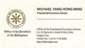 A photo of Yang’s calling card has the seal of the Office of the President of the Philippines prominently displayed on its left side. It identifies him as “Presidential Economic Adviser.”Yang uses the name Michael Yang Hong Ming in the card. https://www.rappler.com/nation/213995-michael-yang-calling-card-bears-malacanang-seal