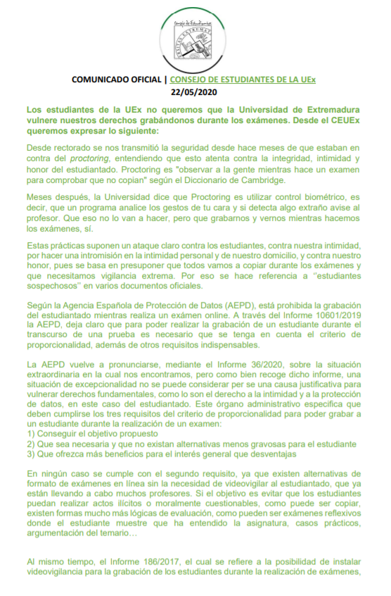 EstudiantesBdjz's tweet photo. 🔴 COMUNICADO DEL CONSEJO DE ESTUDIANTES DE LA UEx CONTRA LA GRABACIÓN Y VÍDEO-VIGILANCIA DE EXÁMENES 🔴

Leedlo con detalle y MÁXIMA DIFUSIÓN
⬇️⬇️⬇️⬇️⬇️⬇️ https://t.co/q10QVCOXeq