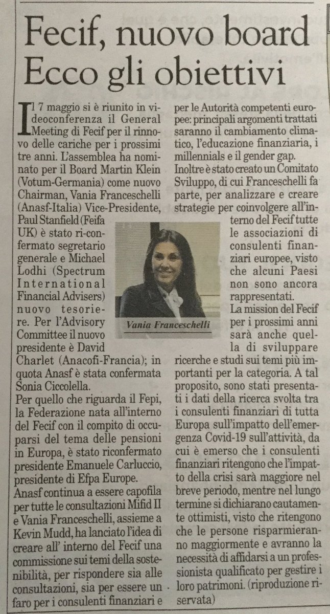 👏 Vania Franceschelli confermata alla vicepresidenza del FECIF - Fédération Européenne des Conseils et Intermédiaires Financiers 

Su Milano Finanza in edicola oggi, l’articolo che illustra gli obiettivi della Federazione.

<a href="/FECIF_EU/">FECIF</a> <a href="/anasfCF/">Anasf</a> <a href="/V_Franceschelli/">Vania Franceschelli</a> <a href="/MilanoFinanza/">MilanoFinanza</a>