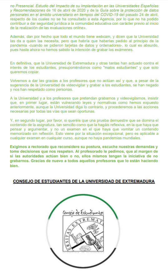 EstudiantesBdjz's tweet photo. 🔴 COMUNICADO DEL CONSEJO DE ESTUDIANTES DE LA UEx CONTRA LA GRABACIÓN Y VÍDEO-VIGILANCIA DE EXÁMENES 🔴

Leedlo con detalle y MÁXIMA DIFUSIÓN
⬇️⬇️⬇️⬇️⬇️⬇️ https://t.co/q10QVCOXeq
