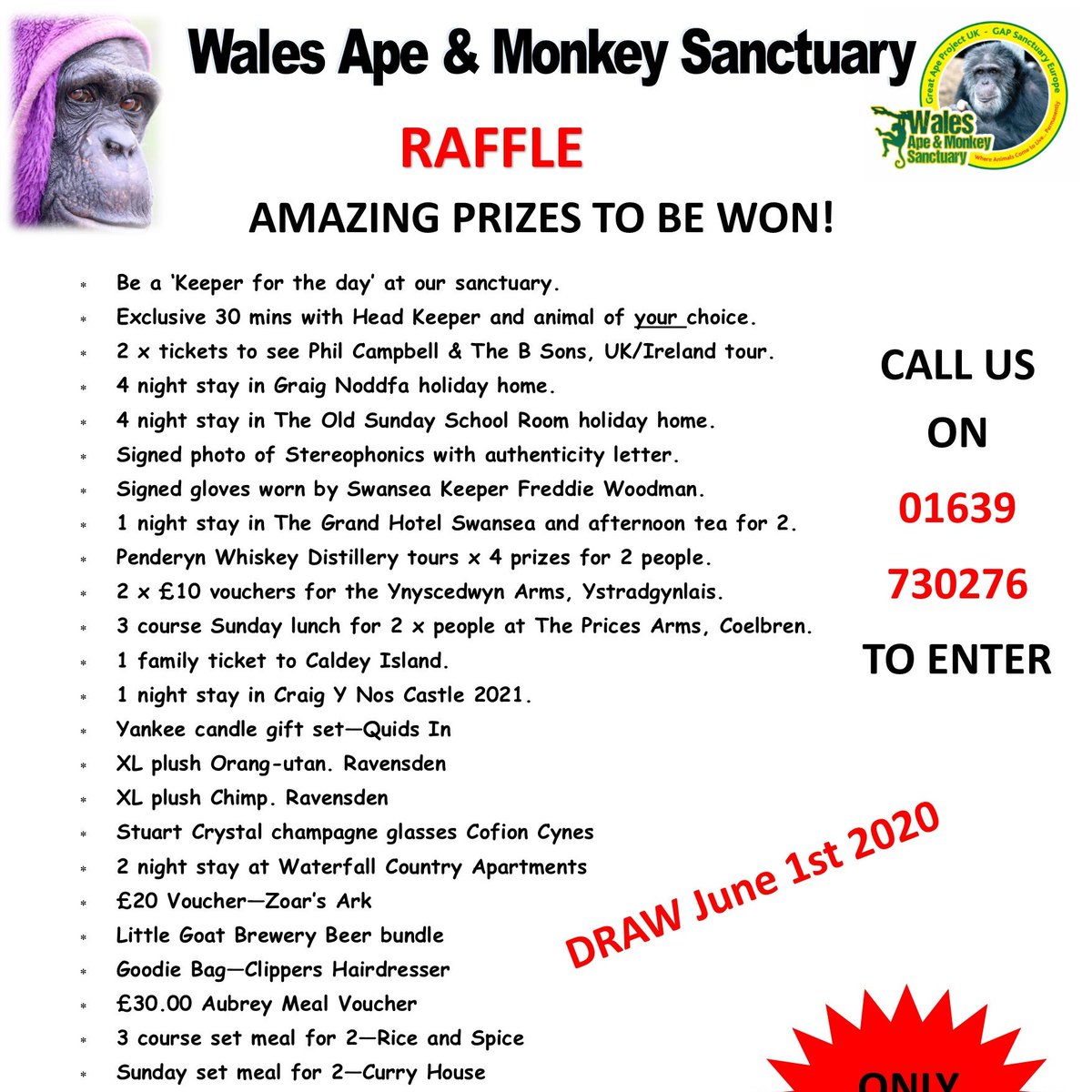 walesape's tweet photo. We have amazing prizes in our raffle 😍

Please take 2 mins to have a look at what you can win 🐵

Tickets are £5 each. Enter here: https://t.co/mhKOqTASUb Or call us on 01639 730276

Draw will take place 1st June. GOOD LUCK to all 🤞 https://t.co/50fo43w9N9