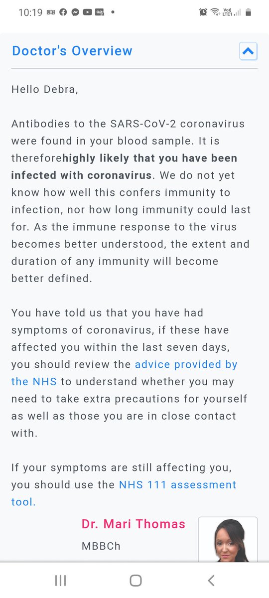 Today I received my  #covid-19 antibody test results I was SO poorly late Nov (and members of my family too) Went to Dr who confirmed viral infection Symptoms lasted almost 2 wks =Fever, constant cough, wheezy chest, headache, loss appetite resulting in weight loss, nausea