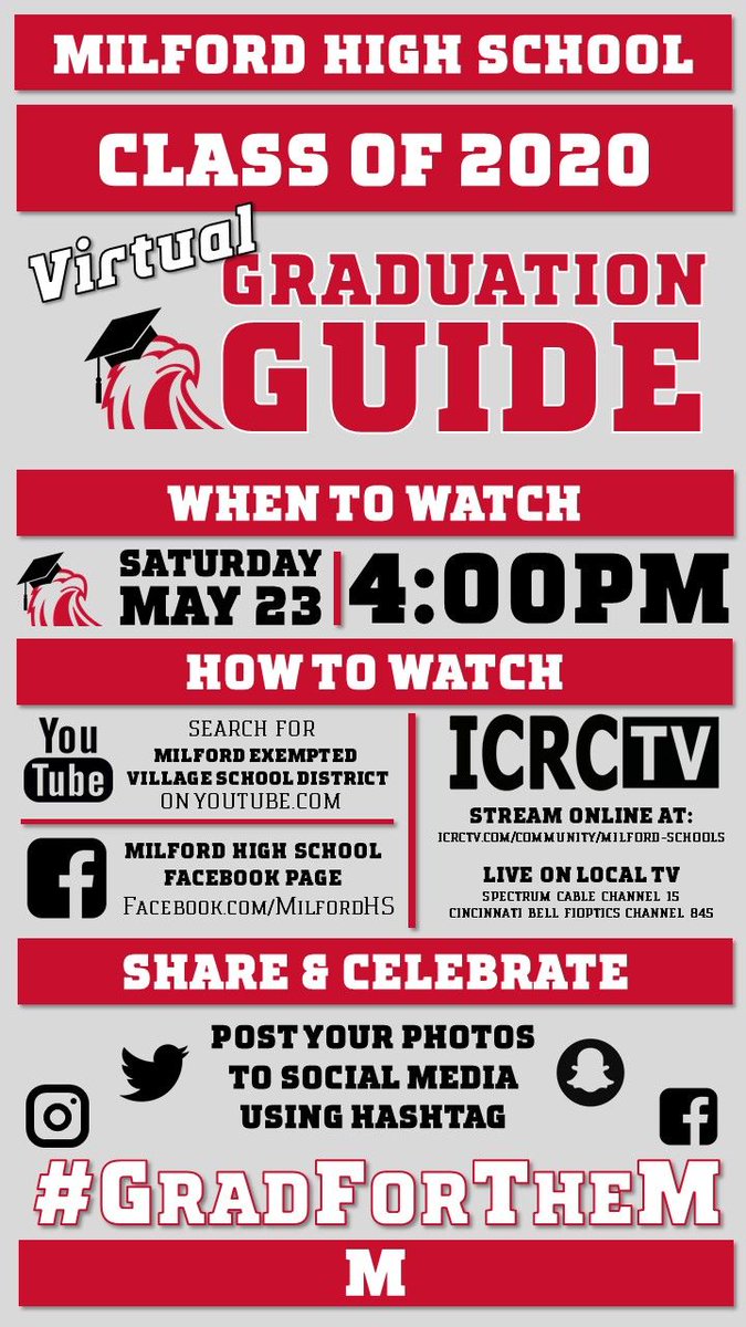 Milford_Schools's tweet photo. Tune in at 4:00 p.m. today for Milford High School's VIRTUAL GRADUATION CEREMONY! Find links and info on how to watch: https://t.co/oDqqqL9QRw https://t.co/0ifvtC9fs7