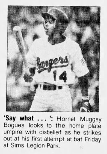 MinorsTeamNames's tweet image. Charlotte Hornets NBA players Muggsy Bogues and Dell Curry played one game for the Single-A Gastonia Rangers in 1991. The Hornets owner at the time also owned the baseball team. 
(From: The Charlotte Observer)
