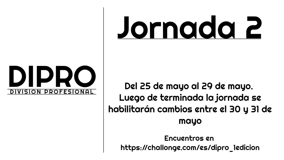 Hoy finaliza la jornada 1 de la DIPRO. Agradecemos a todos por la participación.

Les compartimos las fechas de la jornada 2.

@ariasantony_

challonge.com/es/dipro_1edic…