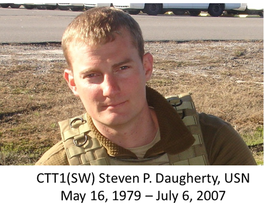 On Shan's behalf I'm going to share the stories of two of her friends who made the ultimate sacrifice. Steven Daugherty KIA 16 JUL 07 in Iraq. Steve was SIGINT specialist, he was killed guiding SEAL teams in their pursuit of terrorist leaders. https://stationhypo.com/2017/05/16/remember-ctt1sw-steven-daugherty-kia-iraq/