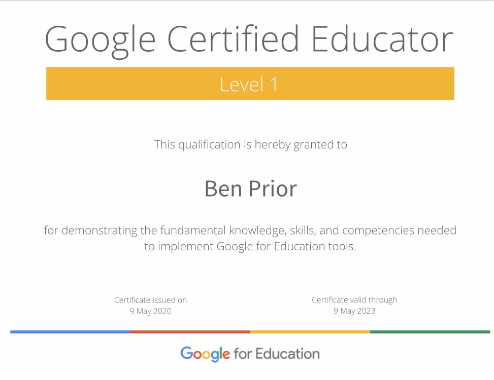 BenPriorbc's tweet photo. Passed Google Educator level 1! 🏅 #OGAT #Outwood #Freeston https://t.co/P93xolaCUb