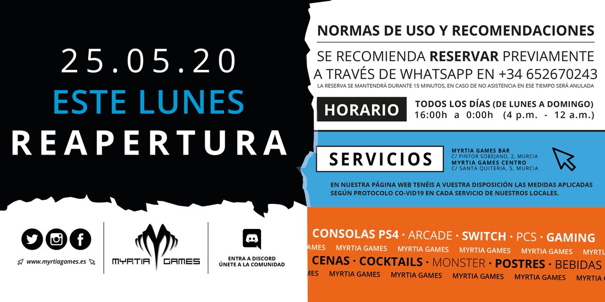 📣 ¡REAPERTURA!
Por fin, nos volvemos a ver💙😉

▶ 25.05.20
📆 Este LUNES

🗞 Info sobre protocolo CO-VID19, medidas, servicios y reservas: bit.ly/2TvtA2Q

📍 <a href="/MyrtiaGamesBar/">Myrtia Games Bar</a>, Murcia

🔹 C/ Pintor Sobejano, 2
🔸 C/ Santa Quiteria, 5