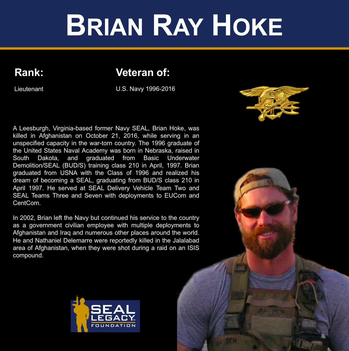 Another friend & mentor of mine is Brian Hoke a former SEAL who was killed in AFG taking the fight to ISIS. Brian was friend to all & true warrior.  https://www.standforsomething.com/blogs/those-who-stood/brian-ray-hoke