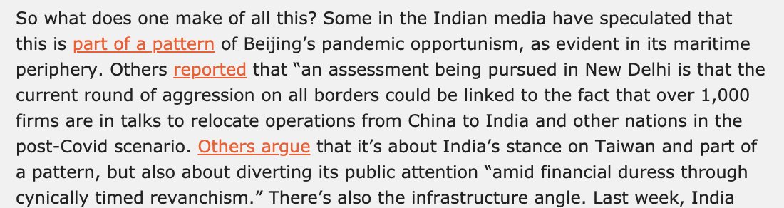 On the Indian side, there have been multiple theories, such as China's escalating to divert attention from issues at home; pandemic opportunism akin to SCS; pressuring Delhi on ties with Washington; and stymying India's border infra build-up. See pic from my newsletter last week.