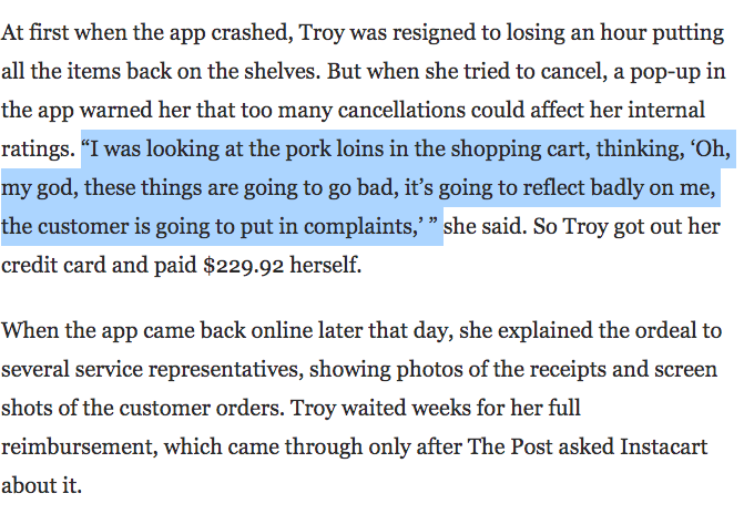 Meredith Troy, 52, who had 3 jobs (childcare, tutoring, caregiver at assisted living), used her own credit card to pay for $229 of customer groceries when Instacart's app crashed (a pop-up told her cancelling would hurt her rating) & then didn't get fully reimbursed until I asked