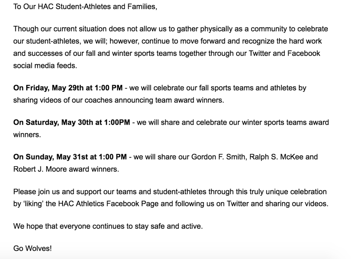HACAthletics's tweet photo. #HAC Sports Varsity Sports Awards Announcement! 🏆

Join us next weekend and celebrate all our teams and student-athletes! Our coaches will be sharing videos for each team's award selections! 

Follow us here on Twitter or give our Facebook page a 'like'

#GoWolves #WeAreHAC https://t.co/M1GkD13UI8