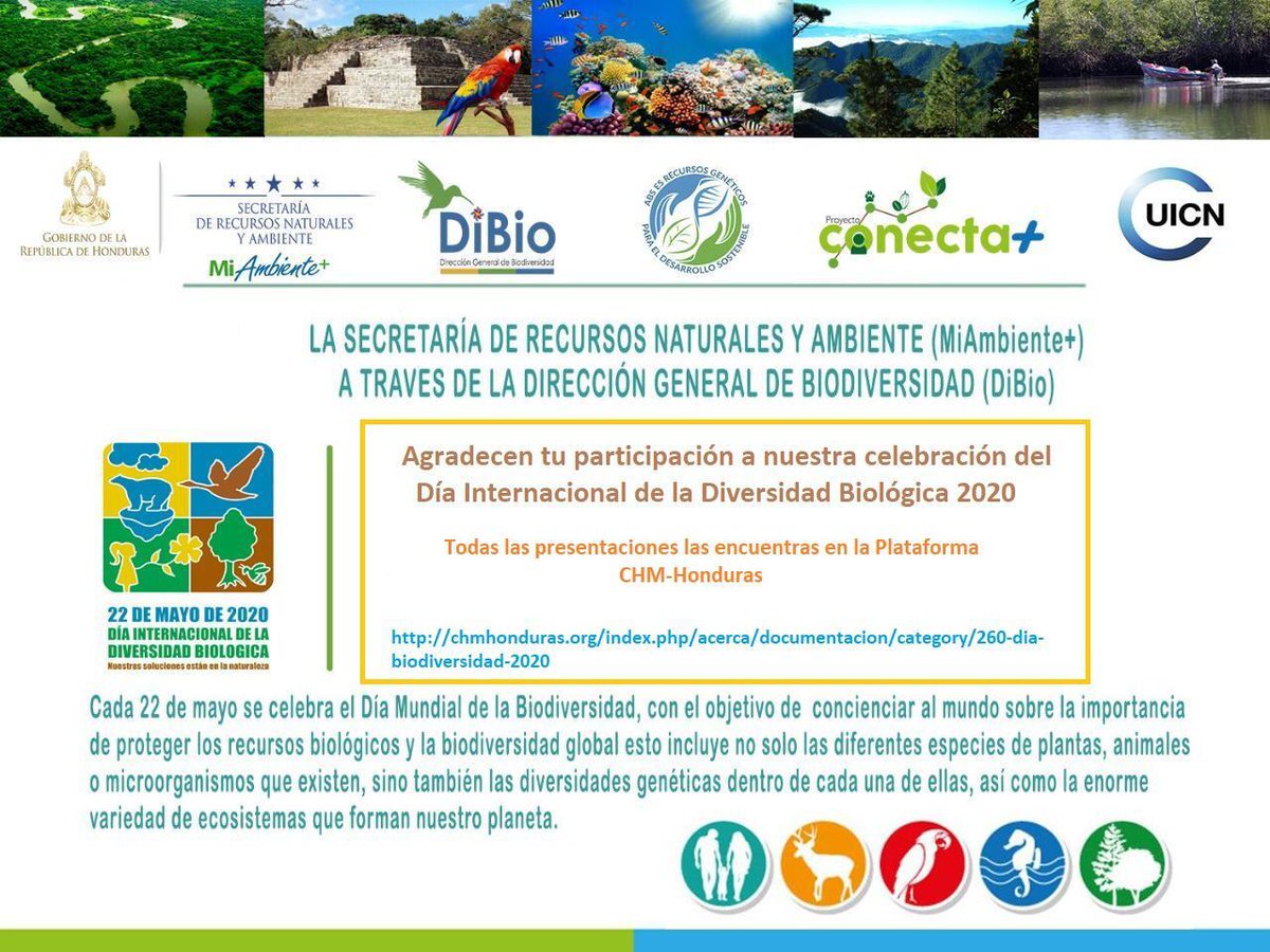 #MiAmbiente a través de <a href="/DiBio1/">DiBioHn</a>, agradece su participación en nuestra celebración del Día Internacional de la Diversidad Biológica, celebrado el pasado 22 de mayo del 2020.

#JuanOrlandoHernandez
#AnaGarciaDeHernandez
#Presidencial_hn 
#ElvisRodas 
#YoMeQuedoEnCasa