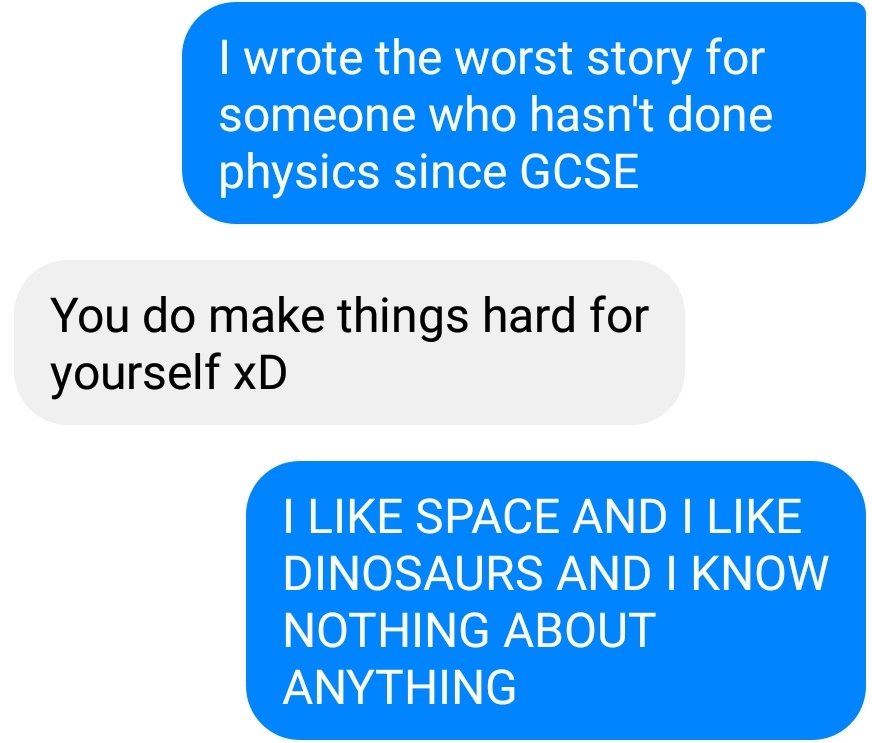 EM_Writing's tweet photo. Me talking to my physicist friend about my current short story:
#WritingCommunity #scifi #EnglishStudentProblems https://t.co/s0lfjXffKK
