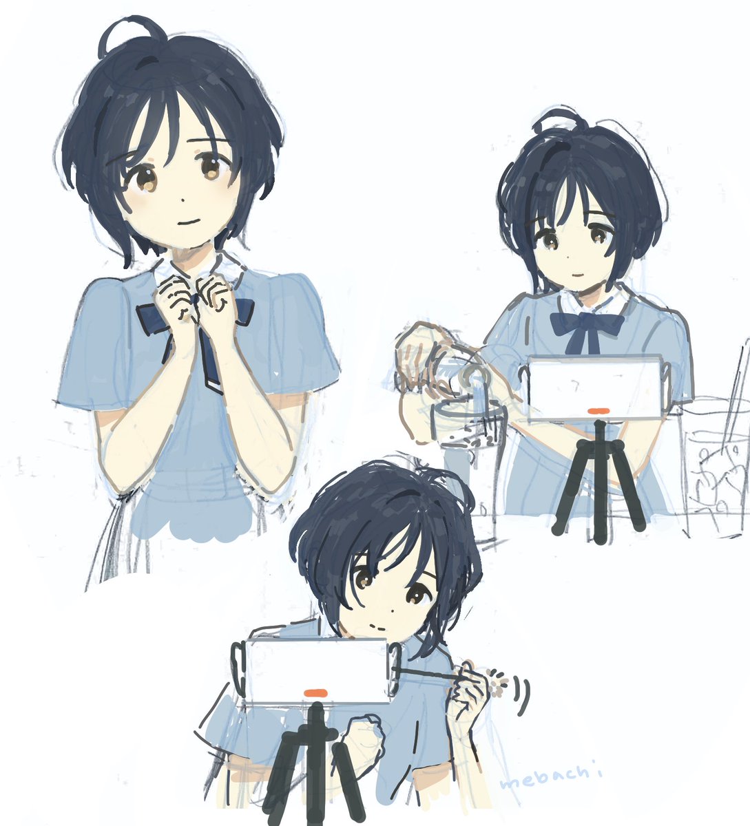 1girl short hair blue shirt white background multiple views sketch brown eyes  illustration images