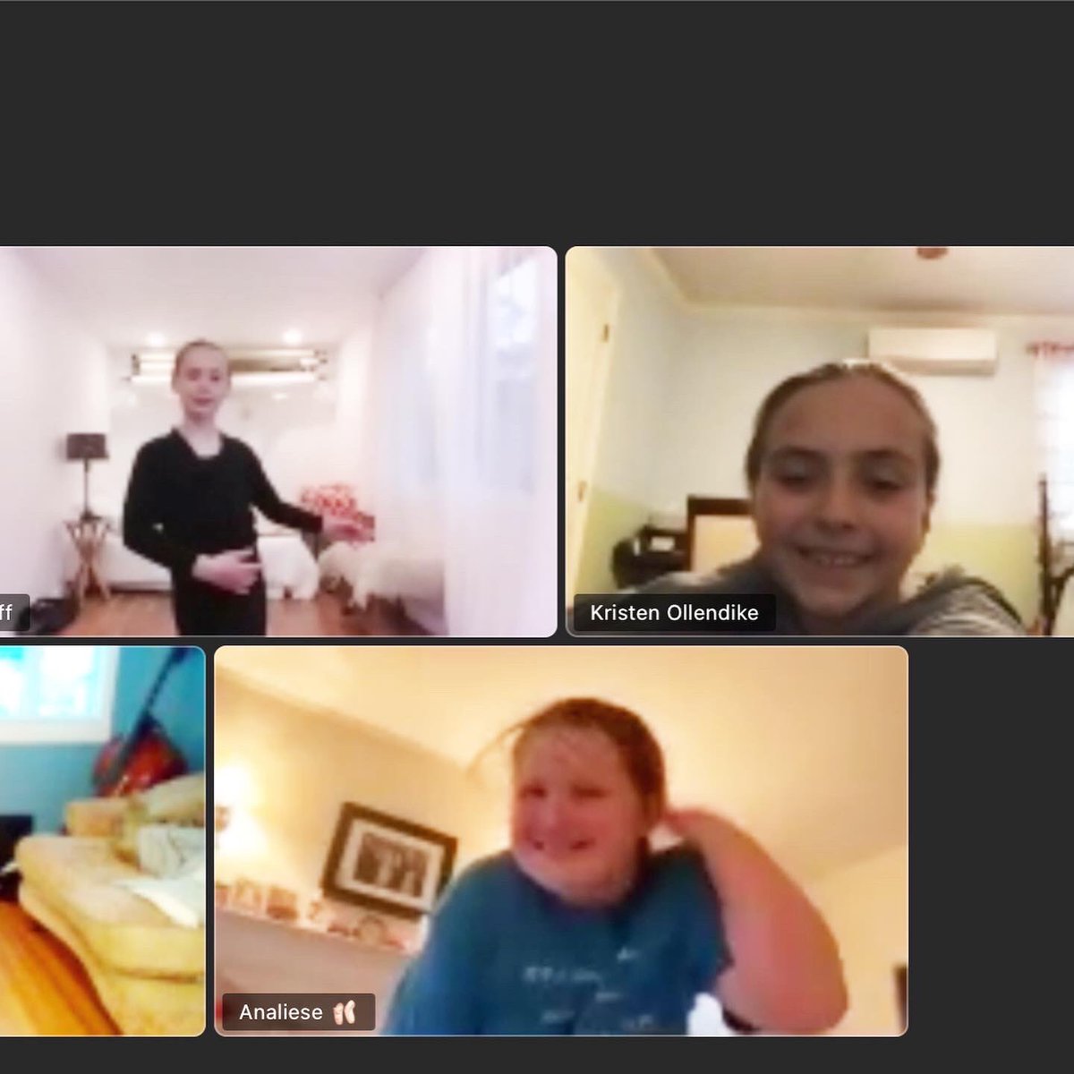 LeggzLtd's tweet image. Happy Saturday!
Leggz dancers are such good friends and miss each other.  Solution? Have a zoom dance party to keep in touch!  9 year old Paige arranged a zoom dance party  with some of her Leggz friends - Analiese, Kate, Grace and Olivia! 
#wedanceatleggz 
#quarantineanddance