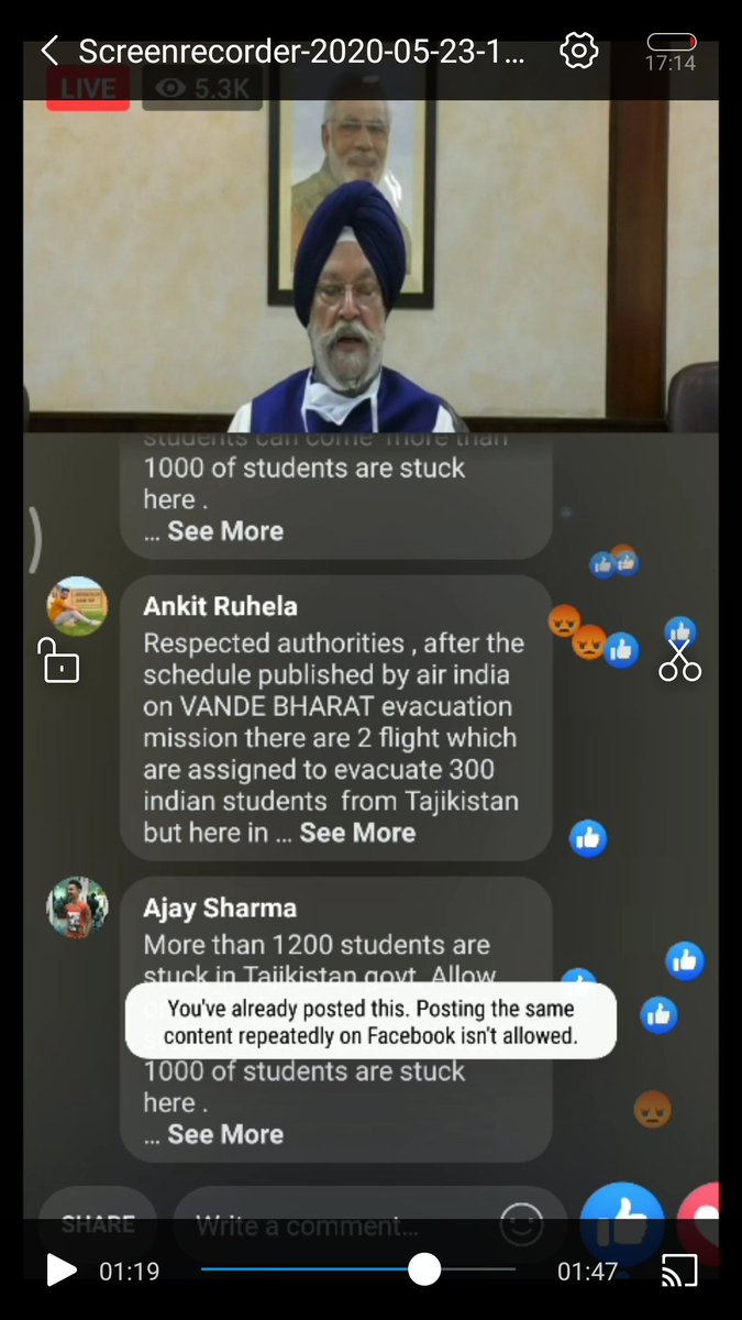 ajaysharmaok55's tweet photo. Sir more than 400 hundred  stud. are active in your live session and we all are  send more than 3000+ message and sir you are saying I give most of questions reply ?
#StudentsStrandedInTajikistan @AnkitKR1119 @mahendra_004 @SunilSa05278150  @HardeepSPuri 
Plz help sir https://t.co/qFyjfMyJwZ