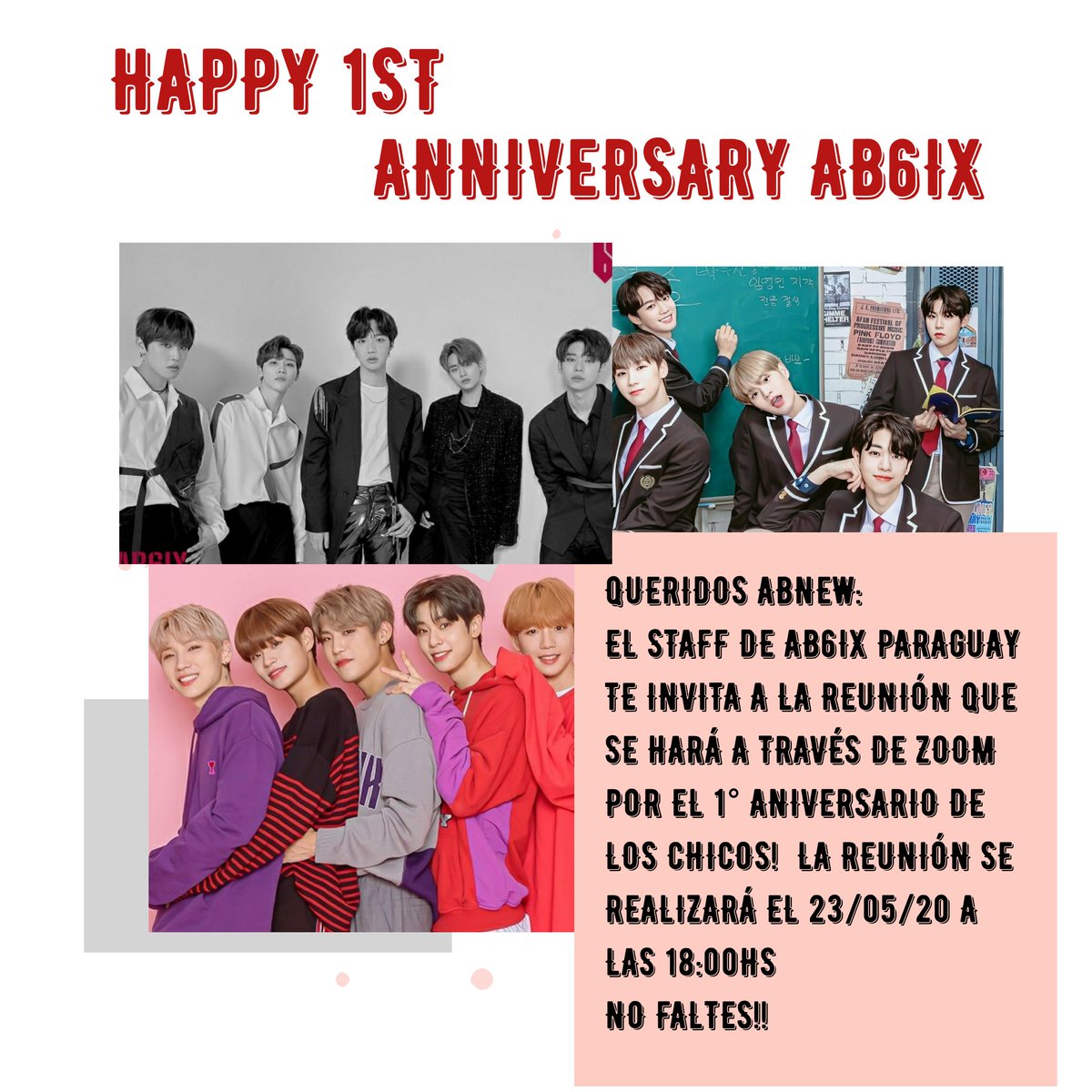 AB6IX_Py's tweet image. ♥️1ST ANNIVERSARY ♥️

AB6IX PY te invita a celebrar el 1er Aniversario de nuestros chicos♥️

Te esperamos el sábado 23 de mayo a las 6 PM en Zoom para compartir una una tarde llena de diversión, juegos y más 

#1STABIVERSARY #에이비식스 #임영민 #전웅 #김동현 #박우진 #이대휘