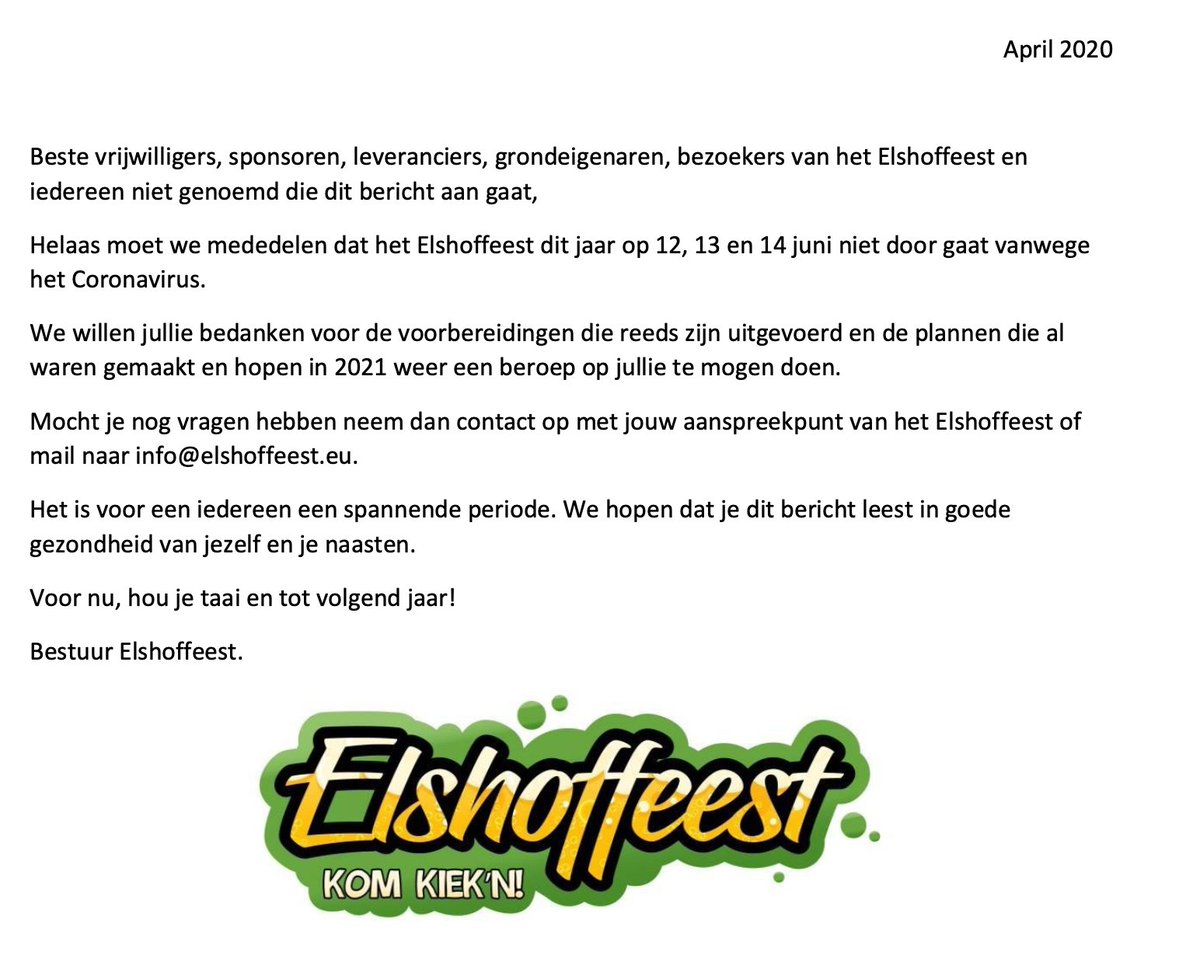 Helaas dit jaar geen Elshoffeest. In 2021 weer: 11 12 13 juni, Kom Kiek'n!