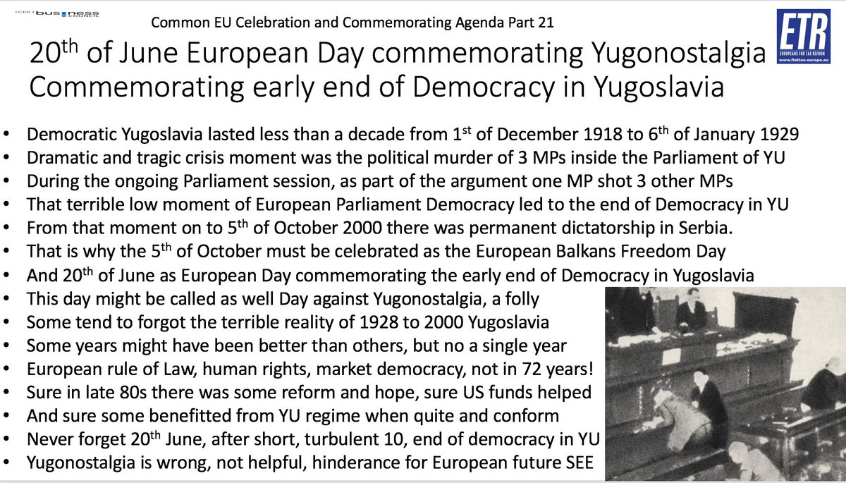 GunterFehlinger's tweet photo. @GermanyintheEU @HeikoMaas @JY_LeDrian @MiroslavLajcak @APisoneroECSpox @MajaEUspox @RPFranceUE @eu_eeas @JosepBorrellF @KSEmbBxls @SerbiainEU @GermanAmbKOS @francediplo_EN @WTODDGWolff @WTODGAZEVEDO @PhilHoganEU @MalmstromEU @stevenmnuchin1 @USTradeRep @USAmbKosovo @Trade_EU @ApostolovaEU @avucic @SerbianGov @NATO @predsjednik_cg #ETR calls for a European Day to commemorate early end of Democracy in Yugoslavia each 20th of June, from 1928 to 5th of October there was no Democracy in YU/Serbia and explain why Yugonostalgia is absolutely wrong. #EuropeanNarrative First in NATO, than in EU! https://t.co/DDcGg5hwU4