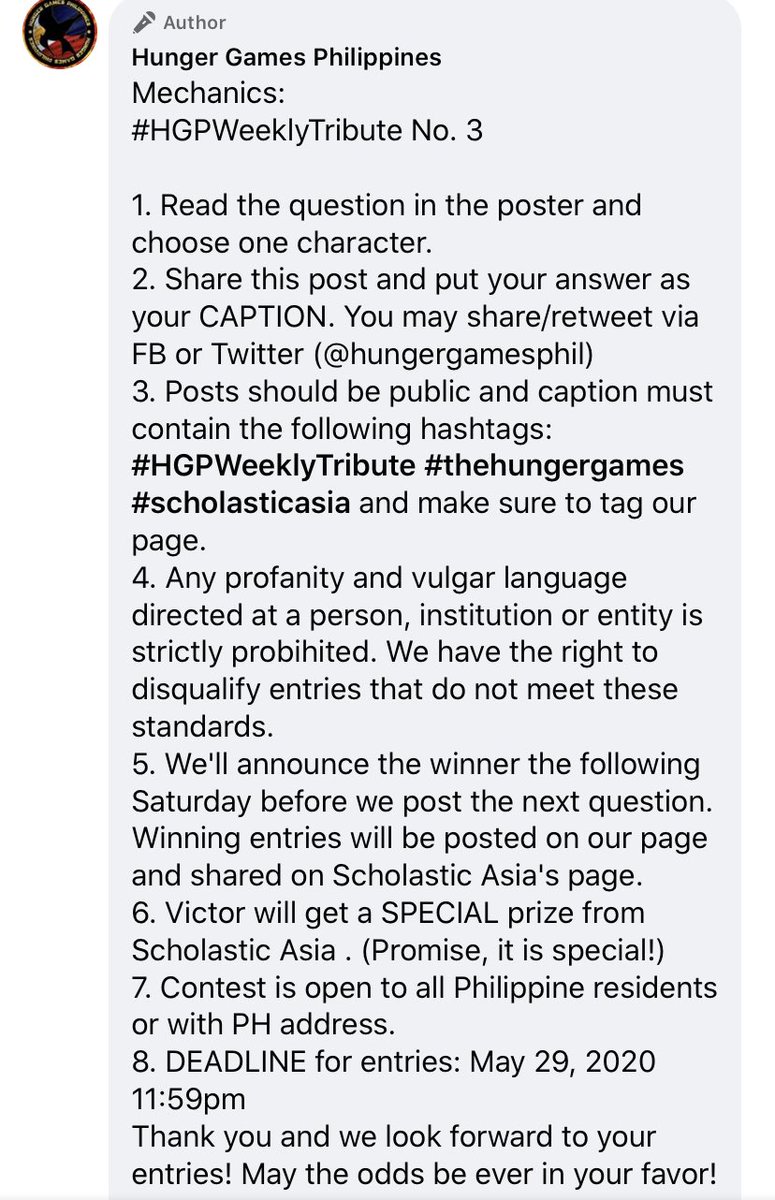 HungerGamesPhil's tweet image. #HGPWeeklyTribute No. 3!

Again, just share on facebook/retweet via Twitter with your answer to join and get a chance to win our SPECIAL prize from Scholastic Asia!

Full mechanics below:

#thehungergames #scholasticasia